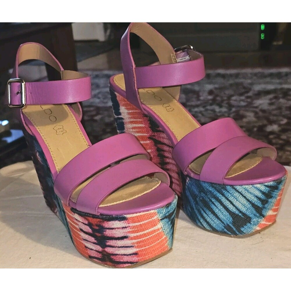 ALDO MOREMAN Womens Platform 5" Wedge Sandal Hippie Purple Pink Tye Dyed Sz 7 - Picture 3 of 11